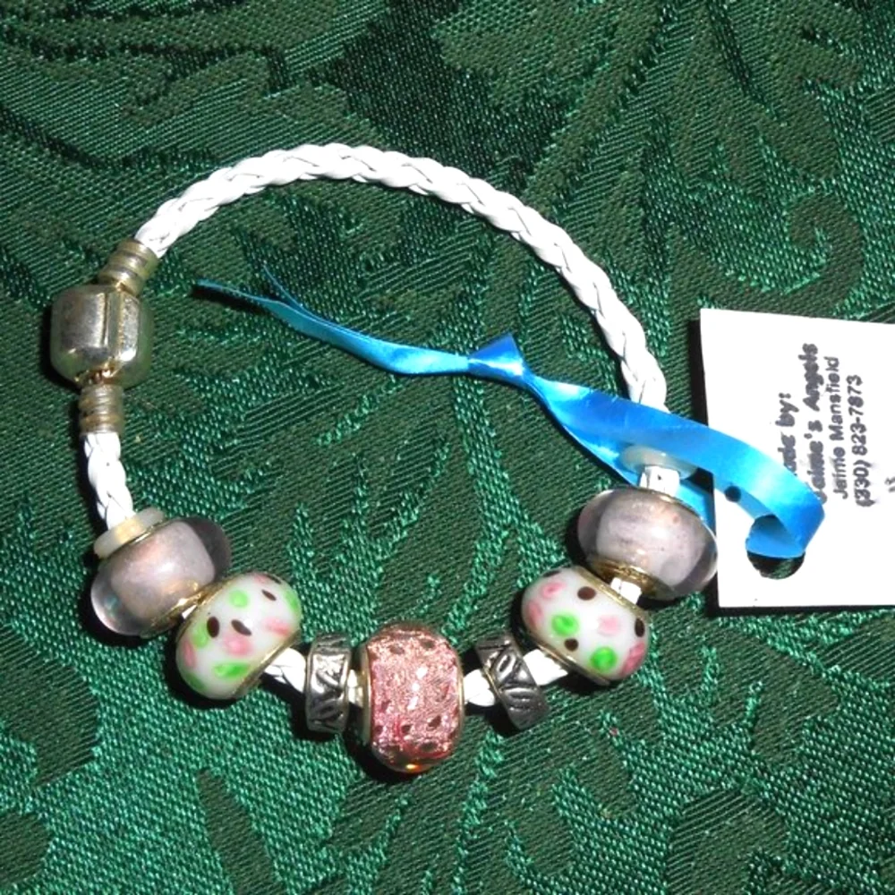 Pink, White & Mint Green Glass Big-hole Beads Braided Leatherette Bracelet - Picture 6 of 13